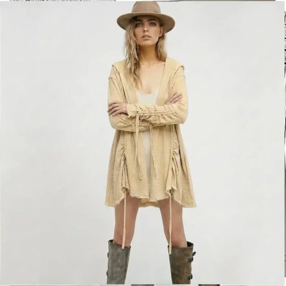 "Get Her Gauze" Drape Hooded Duster (XS) by Free People Butter Yellow - Picture 2 of 10